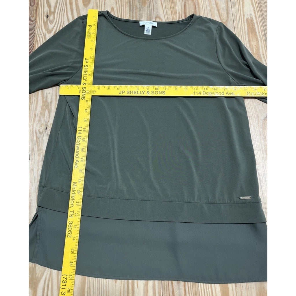 Calvin Klein Solid Army Green 3/4 Sleeve Blouse Womens Size M Polyester Blend