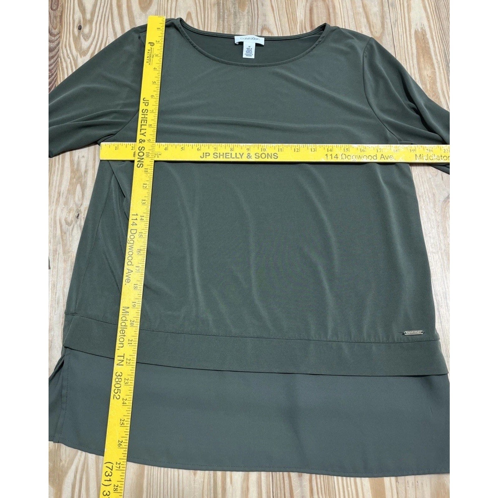 Calvin Klein Solid Army Green 3/4 Sleeve Blouse Womens Size M Polyester Blend