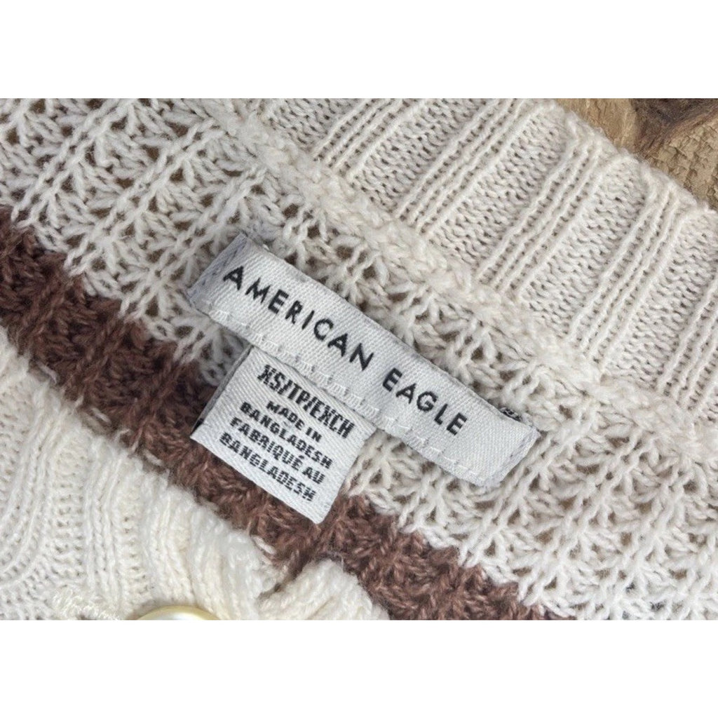 American Eagle Cream Striped Open Knit Relaxed Henley Sweater XS