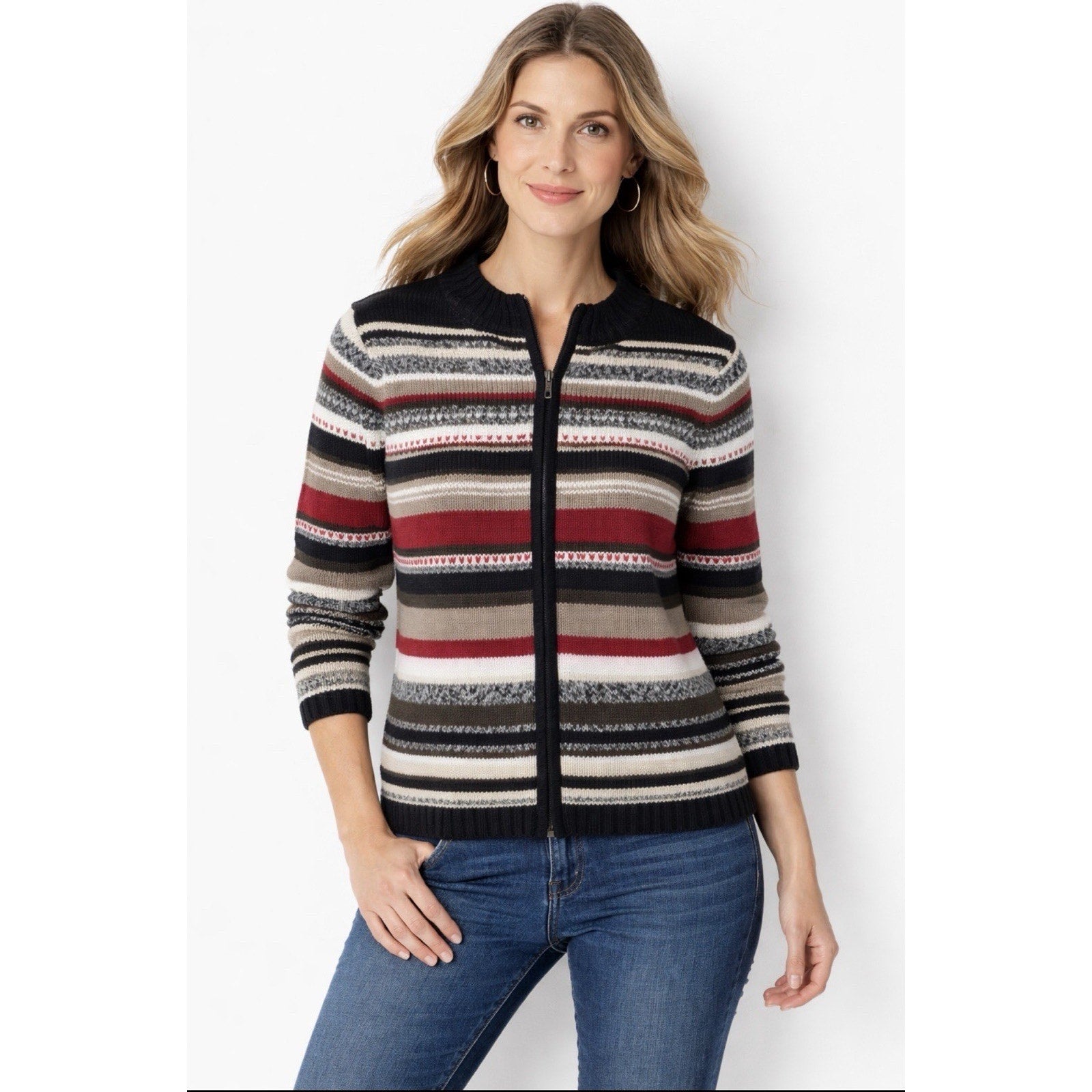 Charter Club XL Striped Zip Cardigan Linen Cotton Red Black Tan Sweater
