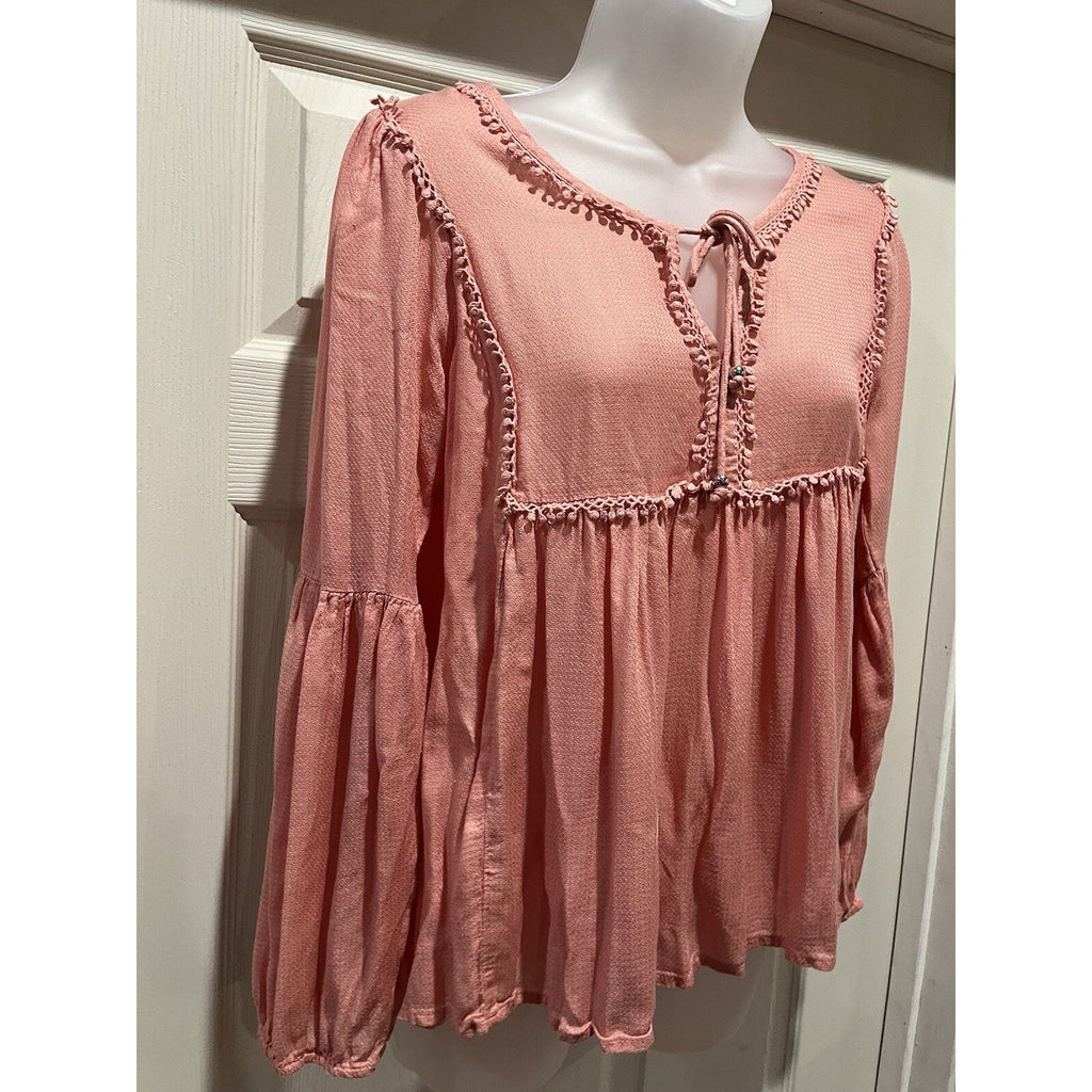 Haute Hippie Peasant Sleeve Peach Boho Size Oversized XS Pompom Lace Detail