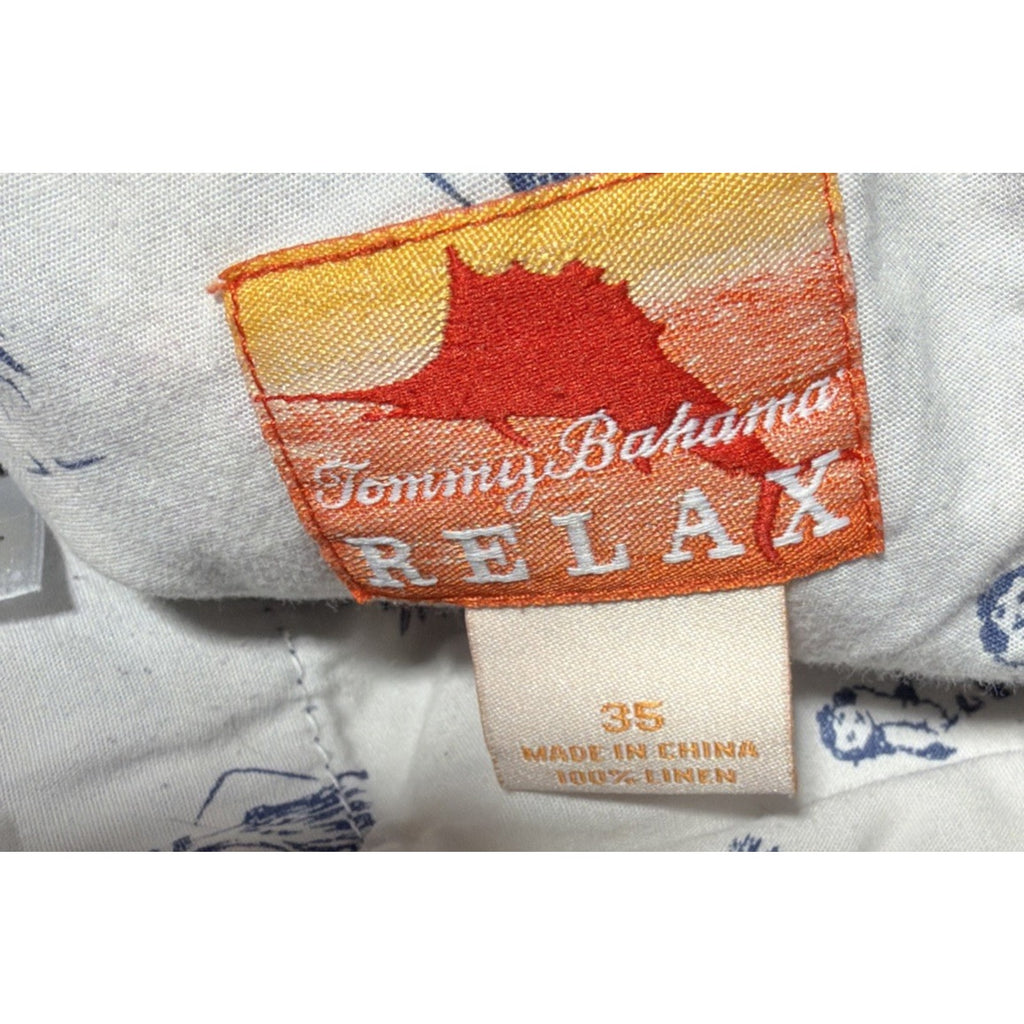 TOMMY BAHAMA RELAX 100% LINEN Size 35 Blue Plaid 10" Shorts Preppy Beach Casual