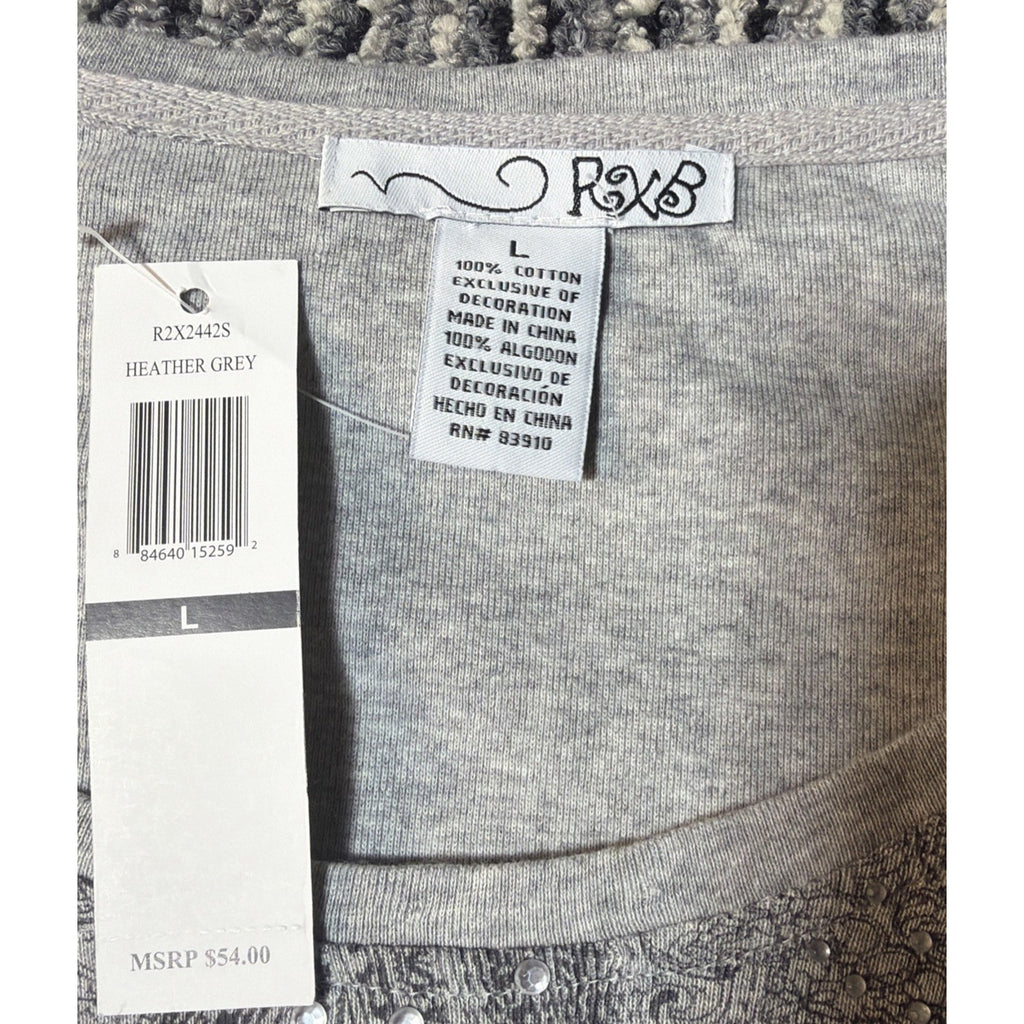 RXB Women's LS Pullover Top Gray w/Lace & Rhinestones Paisley Design Size L NWT