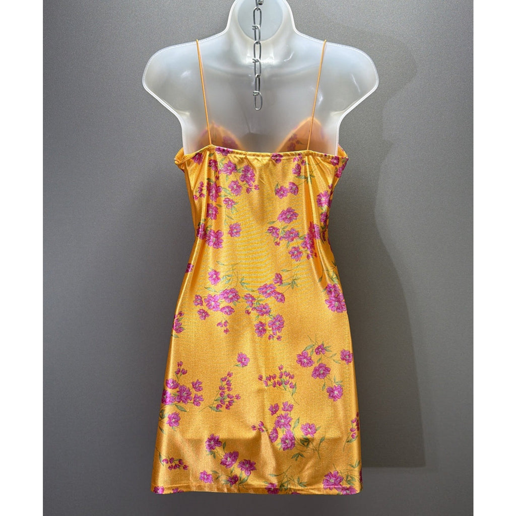 JOLIE & JOY Floral Satin Mini Dress Size M Marigold Yellow Ditsy Slip Dress Slit