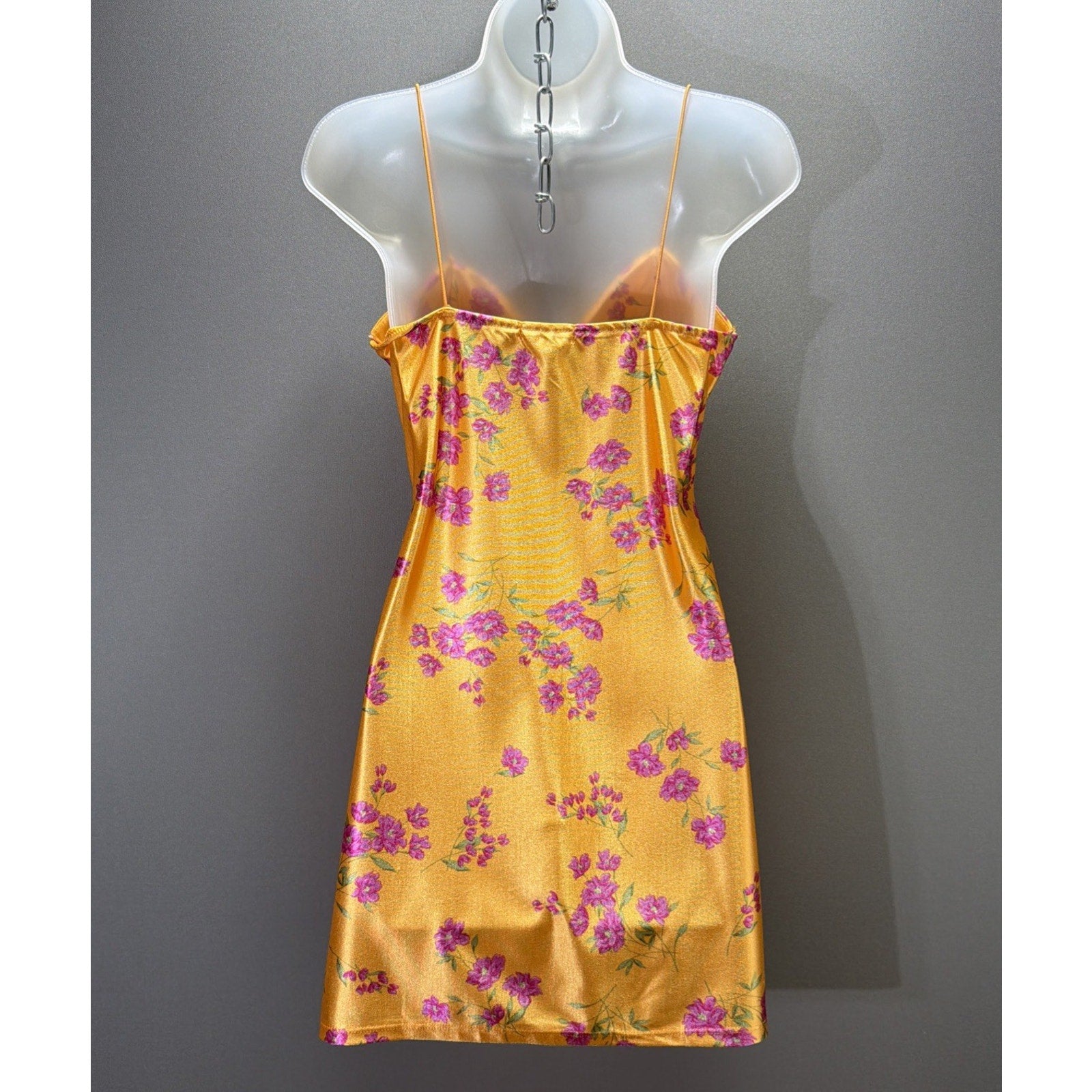 JOLIE & JOY Floral Satin Mini Dress Size M Marigold Yellow Ditsy Slip Dress Slit