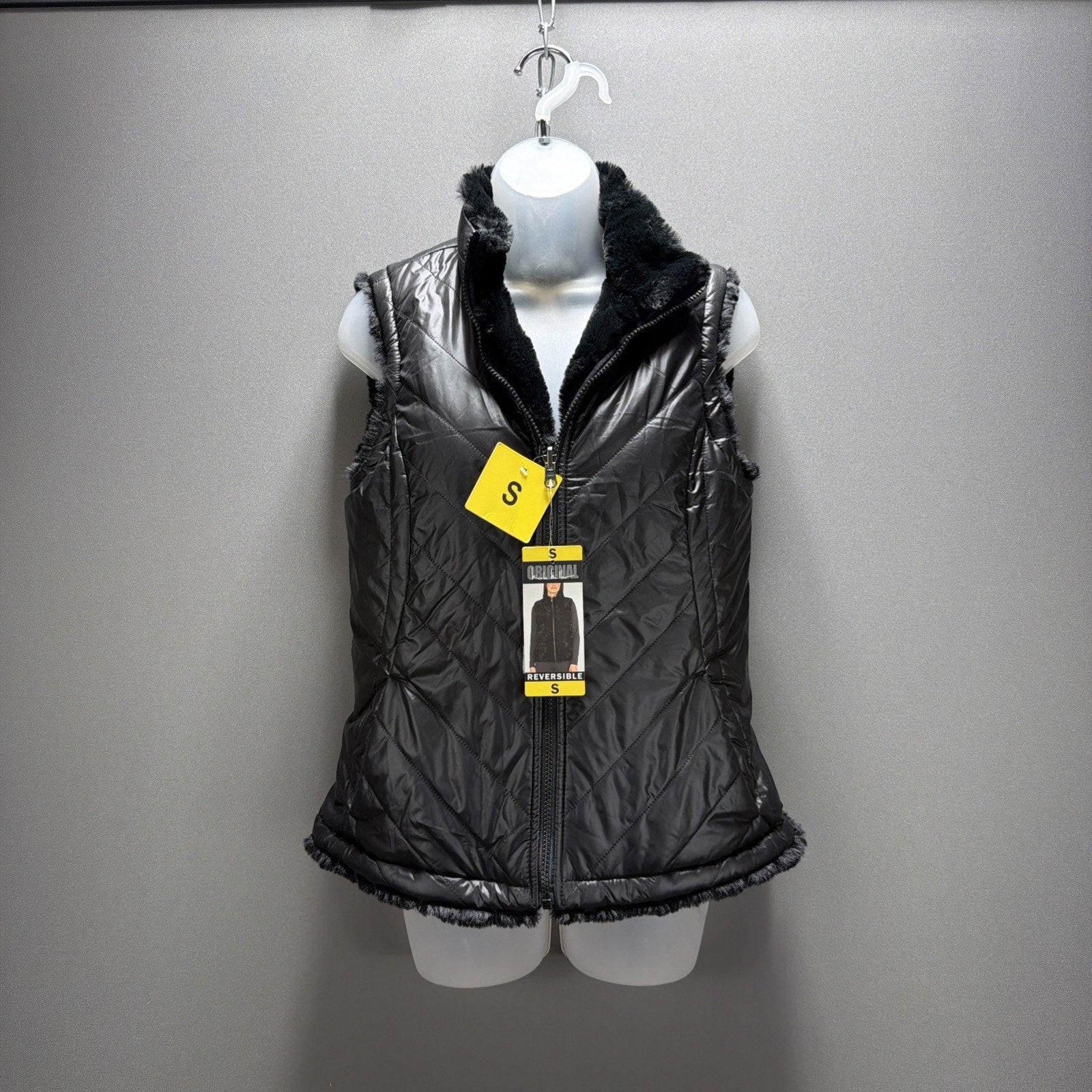 Nicole Miller Reversible Faux Fur Quilted Puffer Vest Black Women’s S NWT