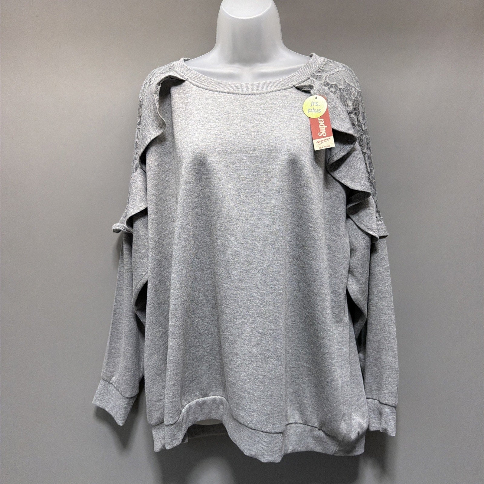 Arizona Jeans Grey Ruffle Lace Long Sleeve Tunic Sweatshirt Juniors Plus Size 1X