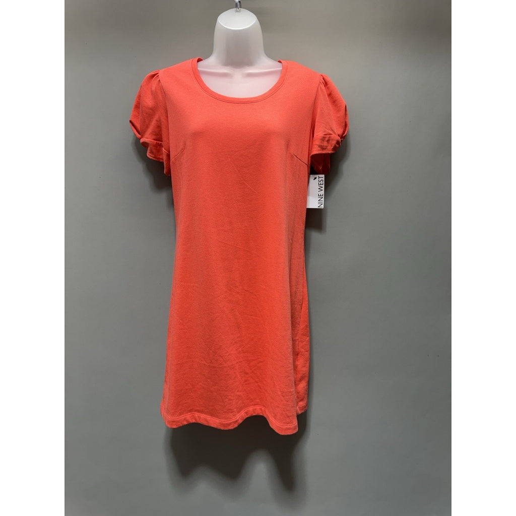 Nine West Dress Women M Coral Orange Puff Sleeve Shift Knit Casual Stretch New