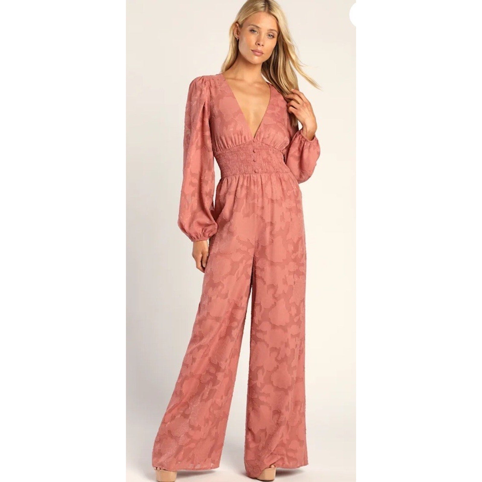 Lulus Passionate Times Dusty Rose Burnout Floral Wide Leg Jumpsuit Size NWT