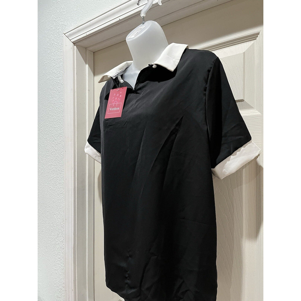 Verdusa Women’s L Black White Contrast Collar Short Sleeve Blouse Top NWT