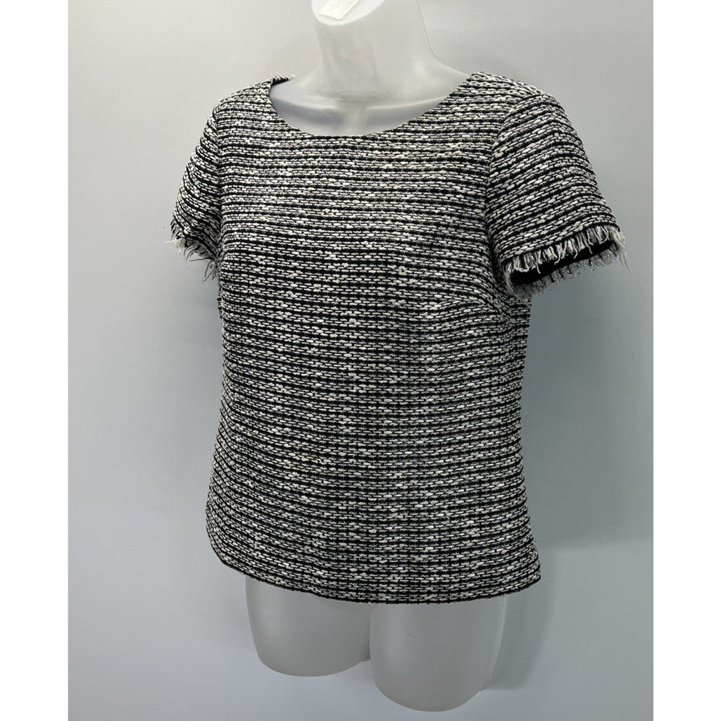 Talbots Women's Sz 4 Petite Tweed Top/Blouse Fringe Trim SS Black Ivory Lined