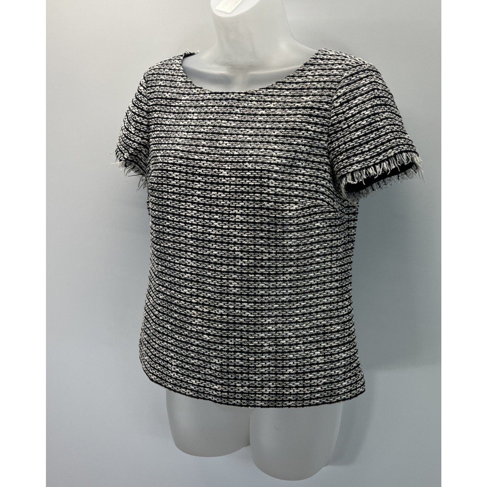 Talbots Women's Sz 4 Petite Tweed Top/Blouse Fringe Trim SS Black Ivory Lined