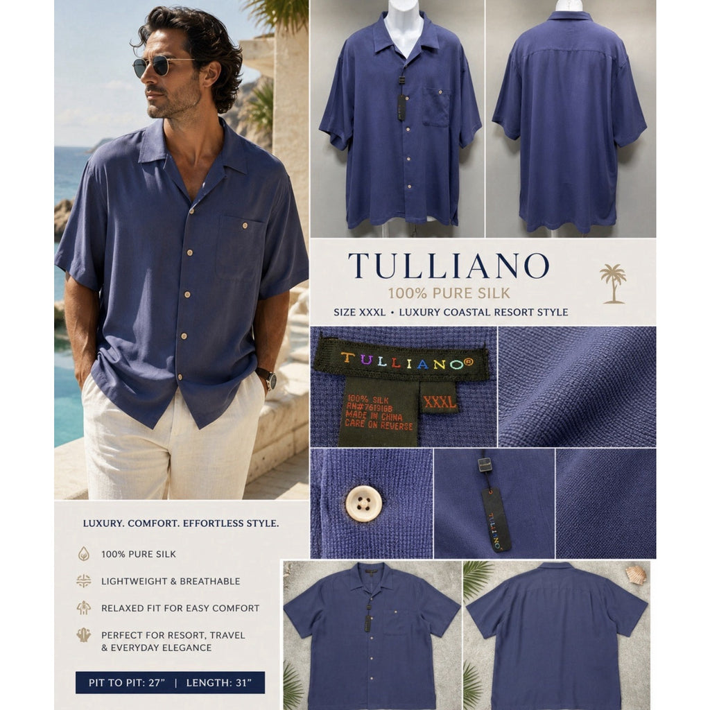 Tulliano Men’s XXXL Blue 100% Silk Camp Shirt Short Sleeve Casual Luxury