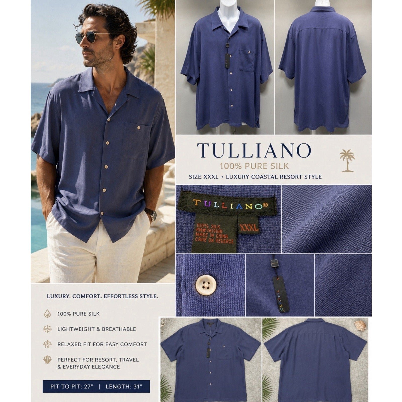 Tulliano Men’s XXXL Blue 100% Silk Camp Shirt Short Sleeve Casual Luxury