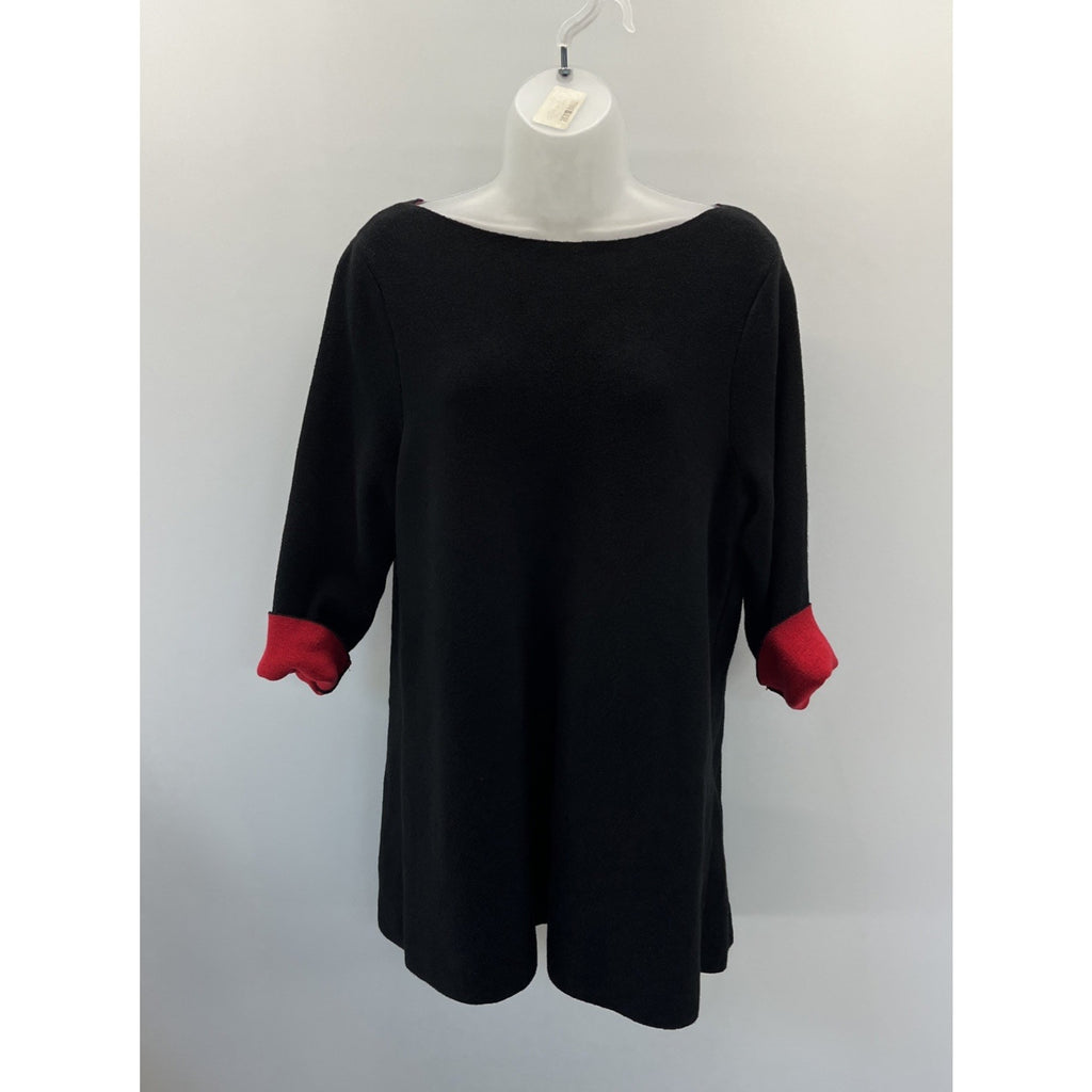 Chico’s Bi-Color Double Knit Sweater Black Red 3/4 Sleeves Soft Cozy Sz L