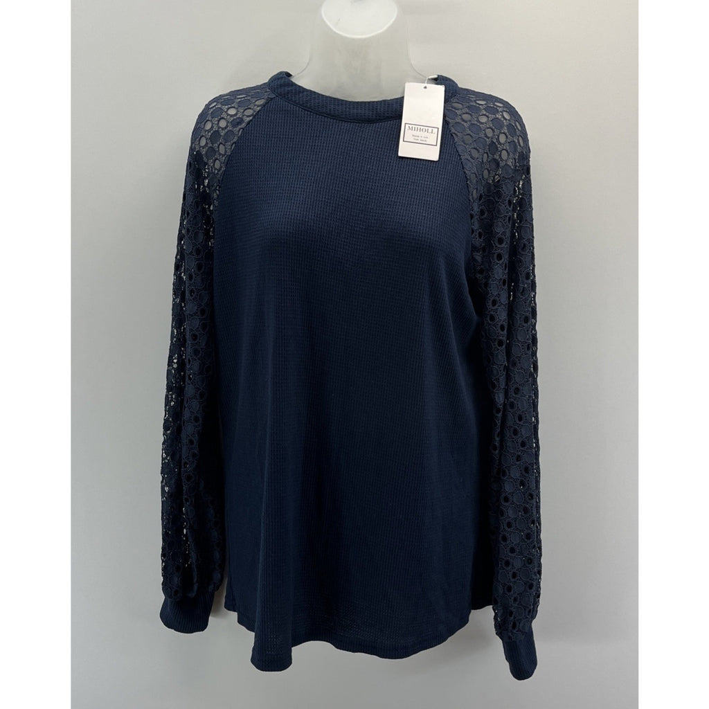 NWT Miholl Women's Waffle Knit Lace Sleeve Navy Zip Blue Knit Top Sz: L