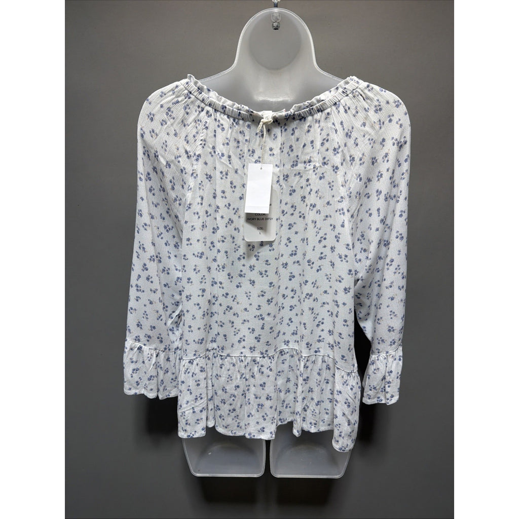 Pink Rose Floral White Bell Sleeve Blouse Women's Large Boho Casual New