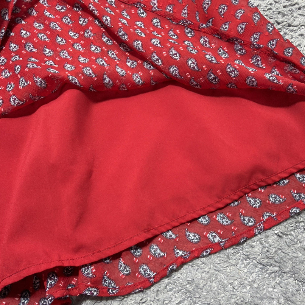 LOFT Red Paisley Clip Dot Smocked Mock Neck Lined Mini Dress Size 12 Petite