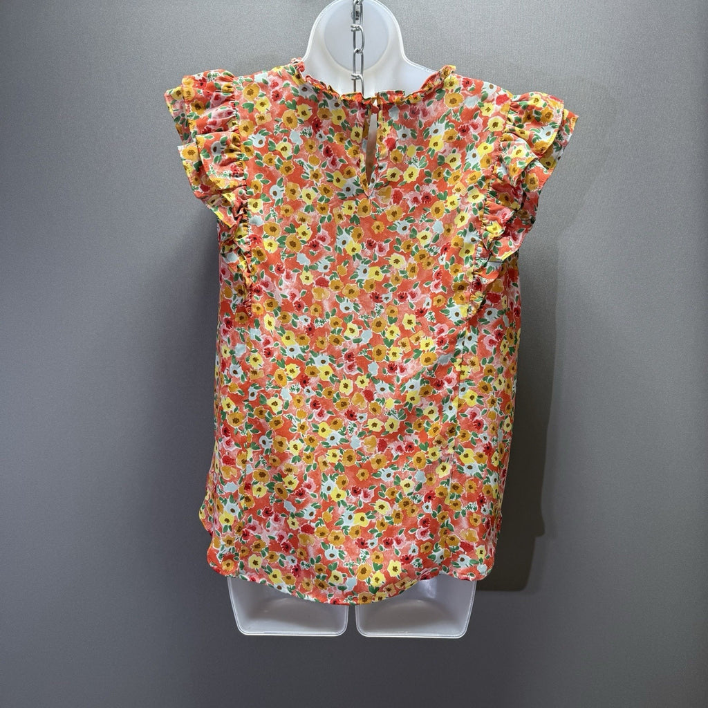 Umgee Floral Blouse Women’s Coral Ruffle Flutter Sleeve Keyhole Back Boho Top M
