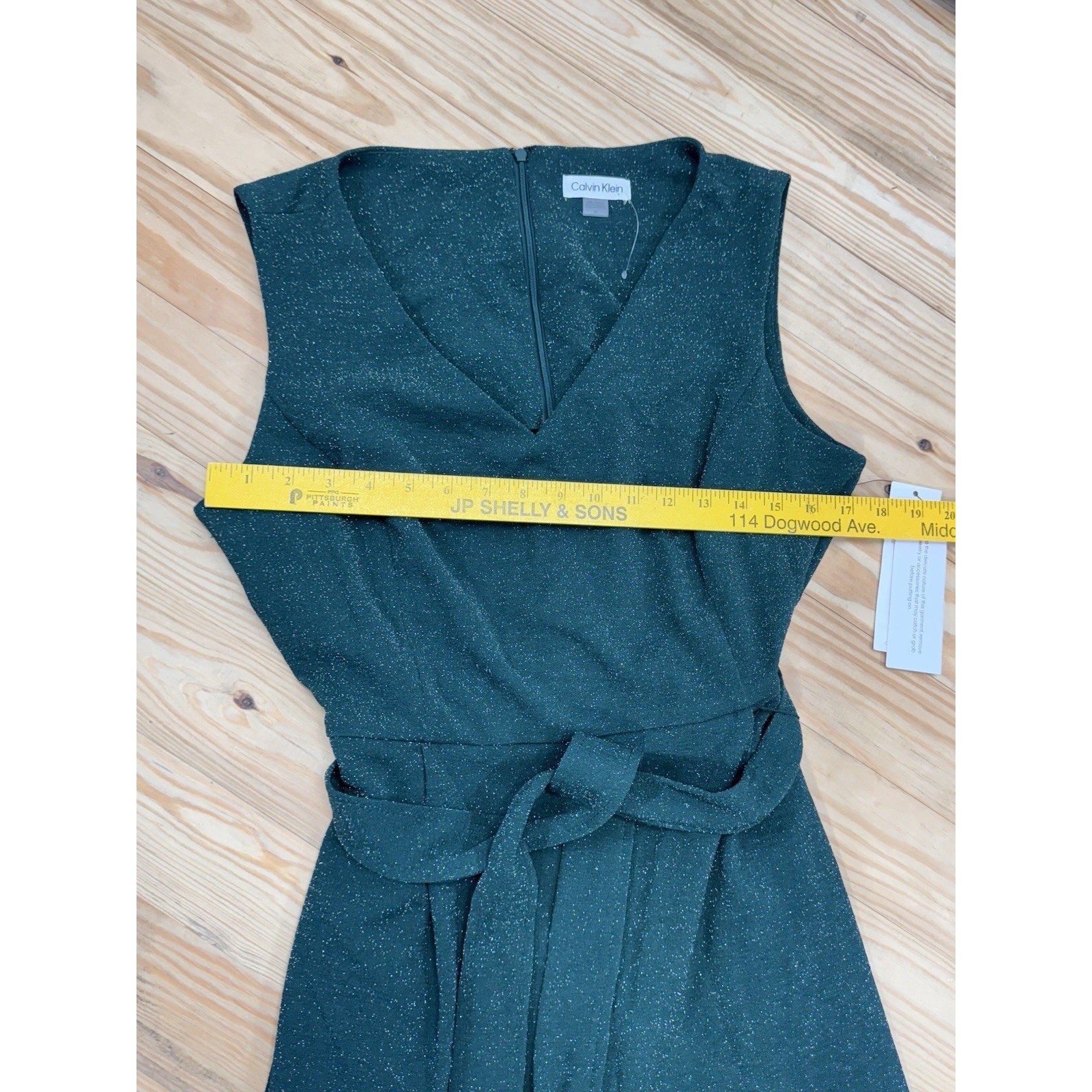 Calvin Klein Green Metallic Cropped Jumpsuit Belted Lined Women’s Size 14 NWT