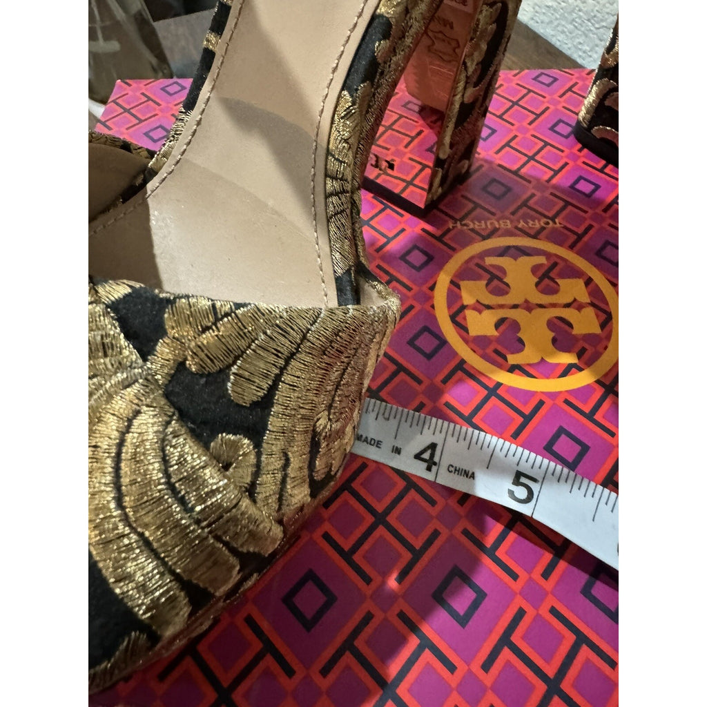 Tory Burch Loretta Embroidered Platform Sandals Black/gold 6.5 NWB