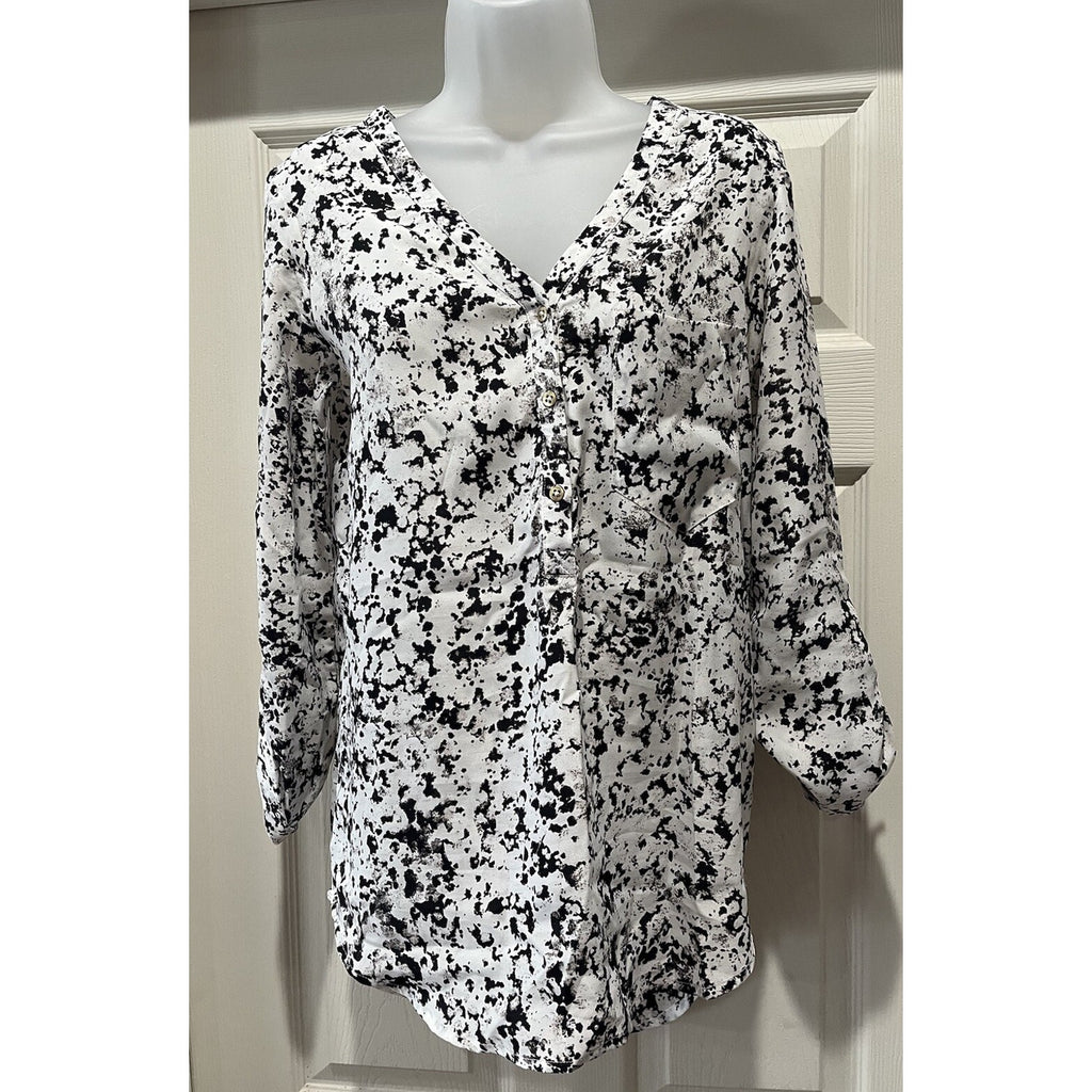 Mossimo Womens Black White 3/4 Sleeve Pullover Blouse V Neck Top Sz XS