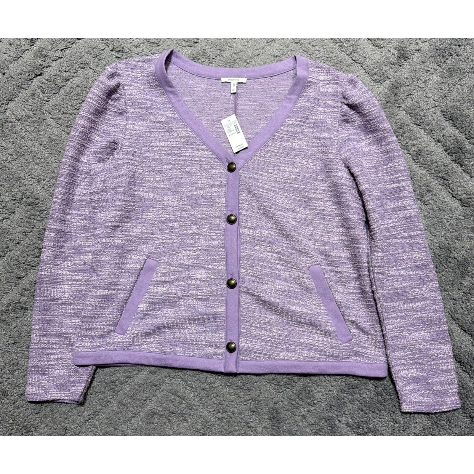 Maurices Womens Tweed Purple Button Knit Cotton Blend Casual Pockets Sweater XL