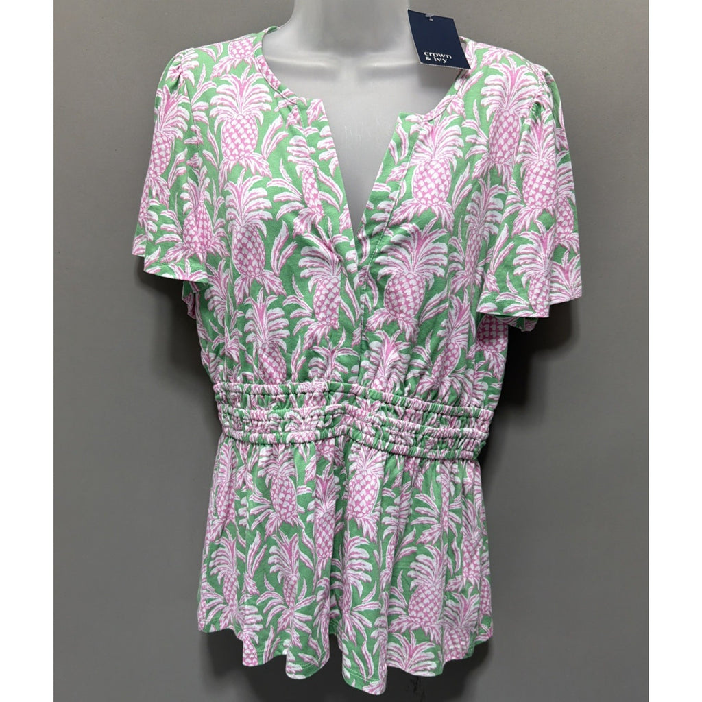 Crown & Ivy Pineapple Print Smock V-Neck Short Sleeve Top Womens L NWT