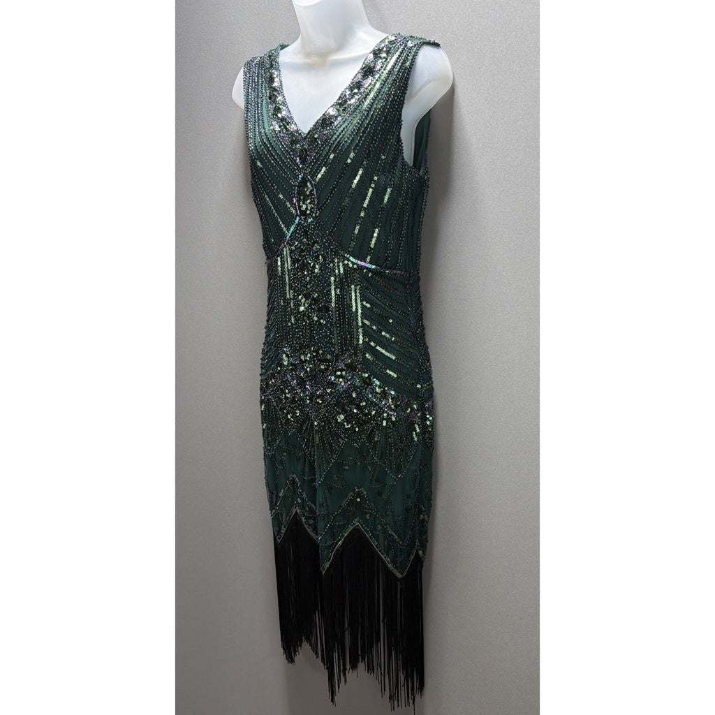 Myzbabe Women's 1920 Flapper Dress Sequins Fringed Sleeveless Gatsby Green Sz S