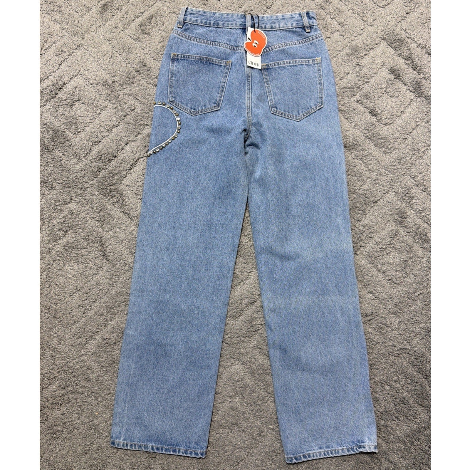 CIDER Jeans XS Blue Wide Leg Rhinestone Heart Studded Denim Y2K Trend NWT