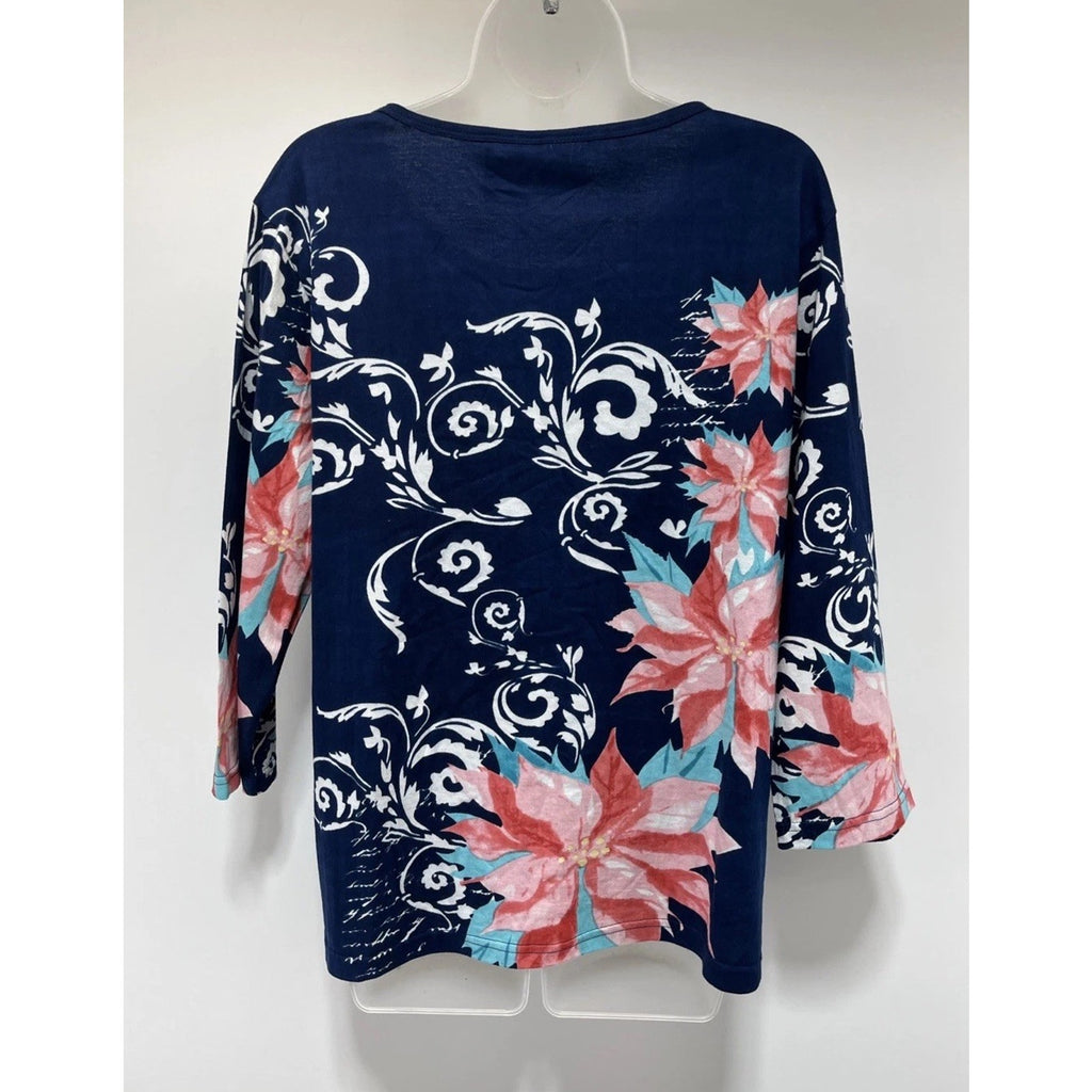 Take Two Navy Blue White Red Sequins 3/4 Sleeve Floral Top Womens Cotton Large