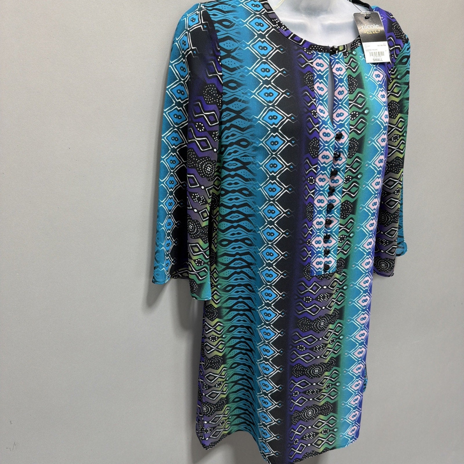 Nicole Miller Blouse Womens Small Tunic Geometric Keyhole Neckline 3/4 Sleeve