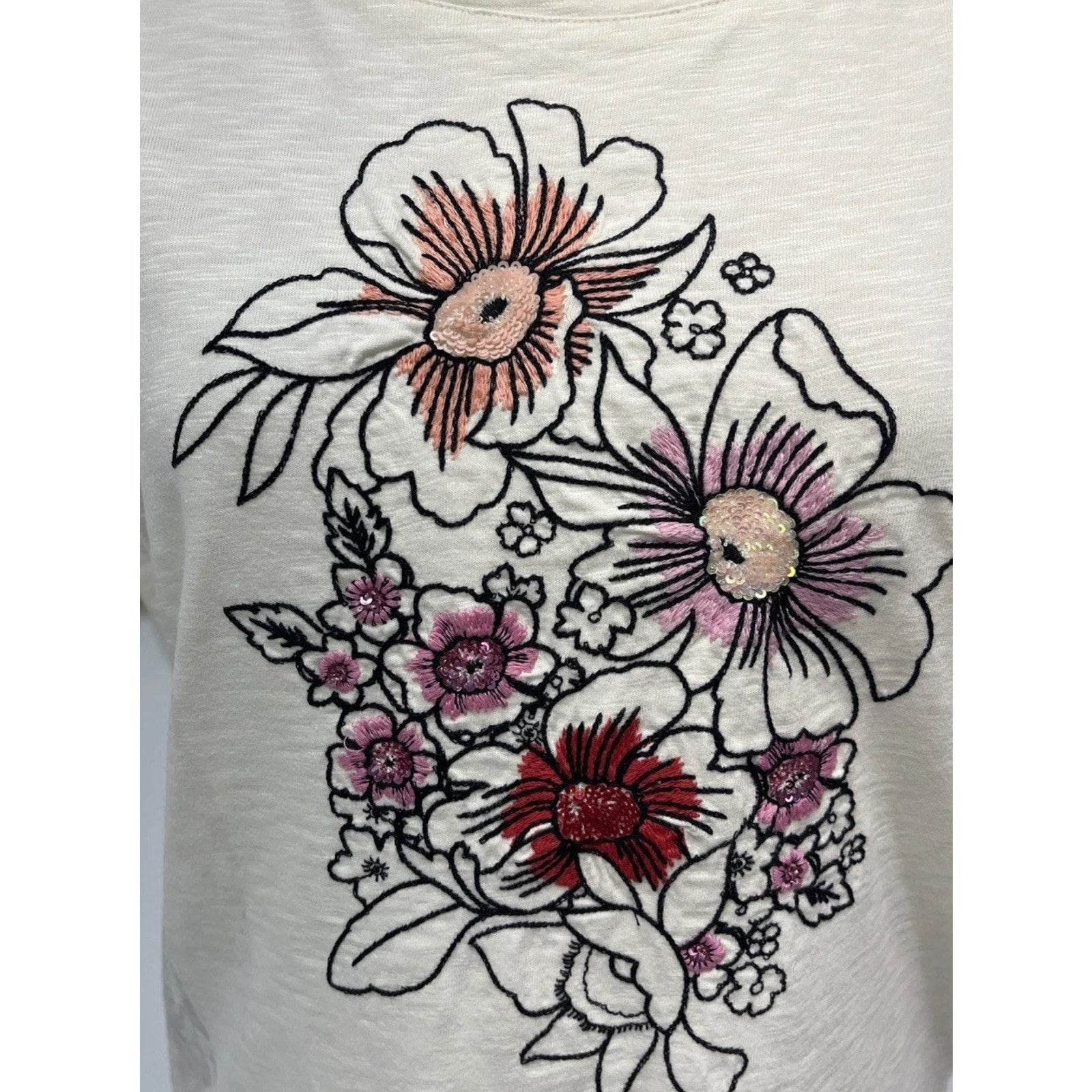 Talbots Eggshell T Shirt Large Petite With Sequin Flowers Women’s