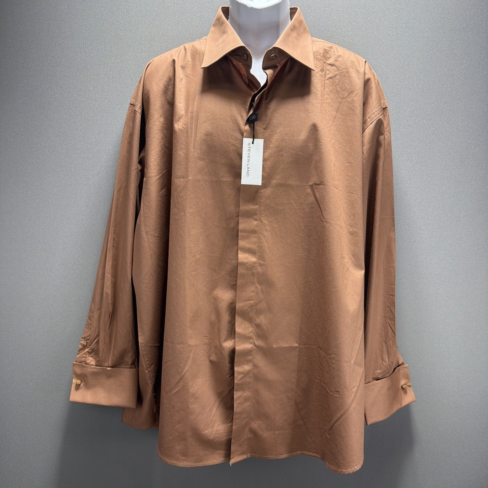 Steven Land Men’s 18.5 34/35 French Cuff Dress Shirt Brown Hidden Buttons NWT