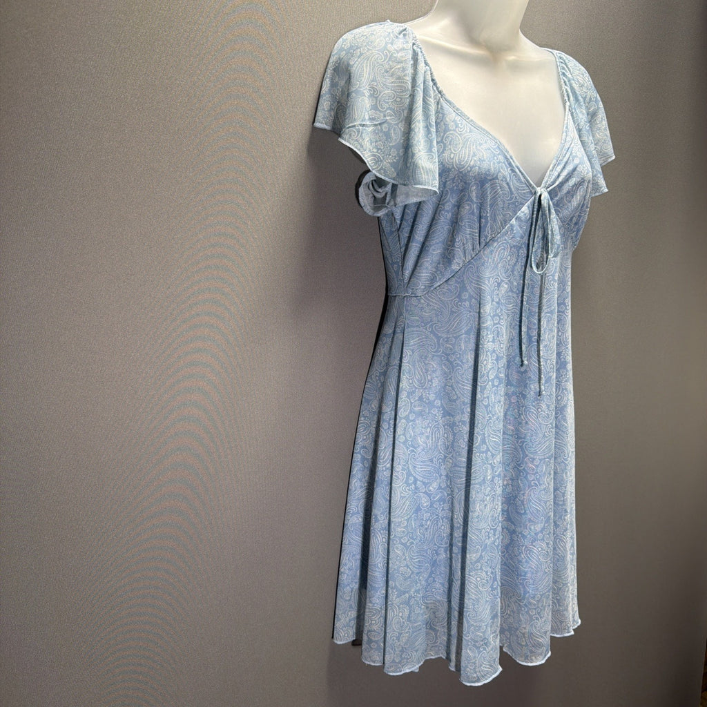 See You Monday Y2K Mini Dress Blue Paisley Sheer mesh Size Medium Stretch