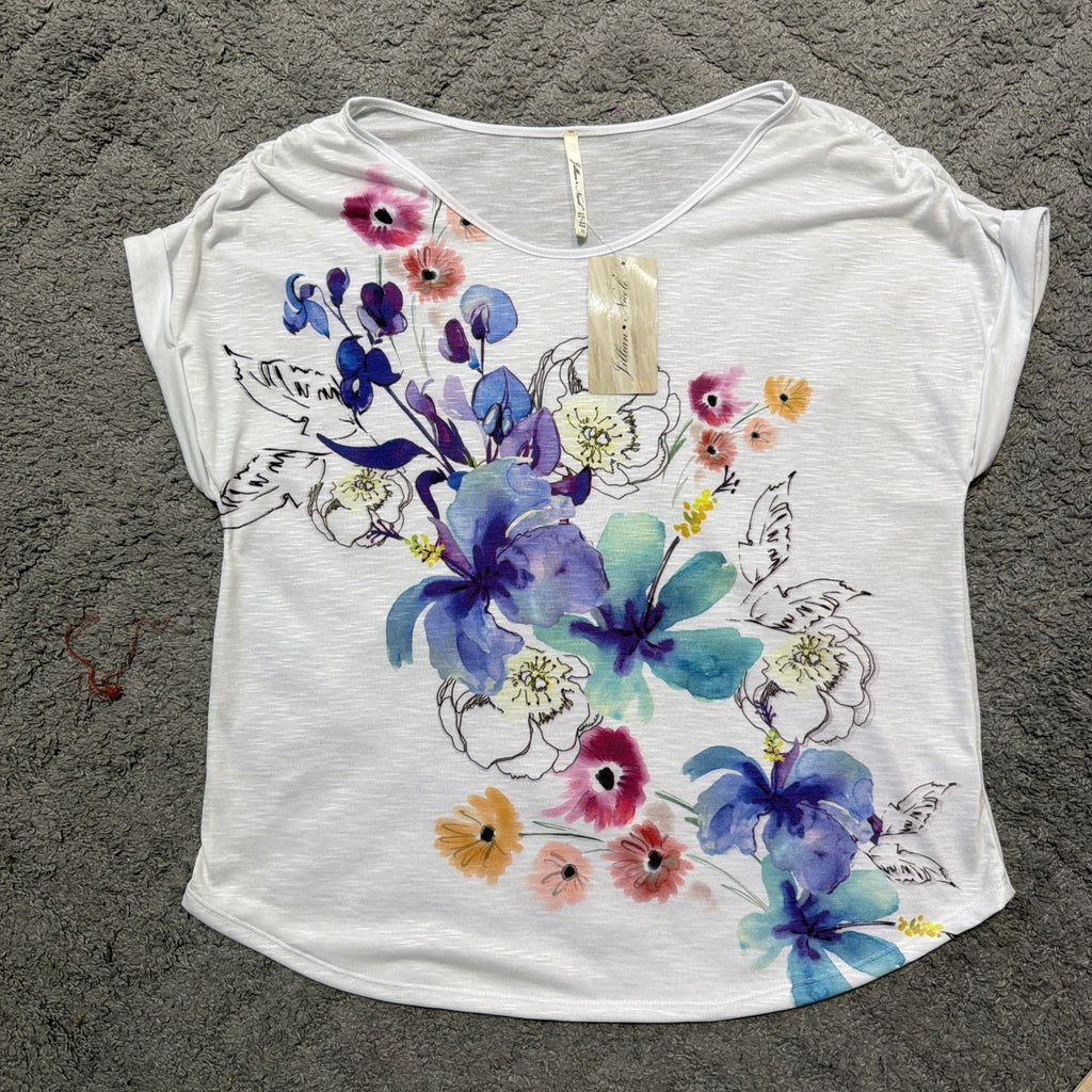 Jillian Nicole Top XL NWT Colorful Floral Artsy Print Short Sleeve White Blouse