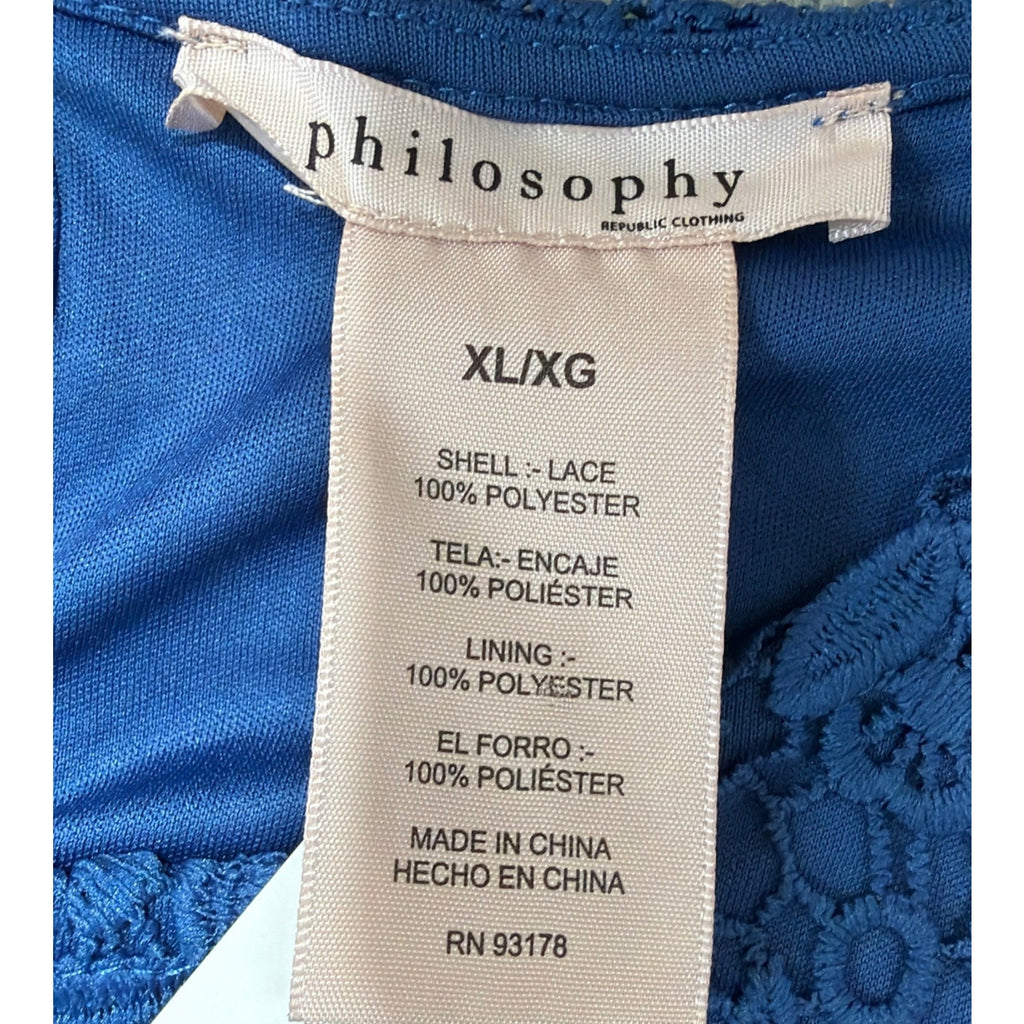 NWT Philosophy XL Blue Lace Short Sleeve Blouse Lined Pearl Button Closure