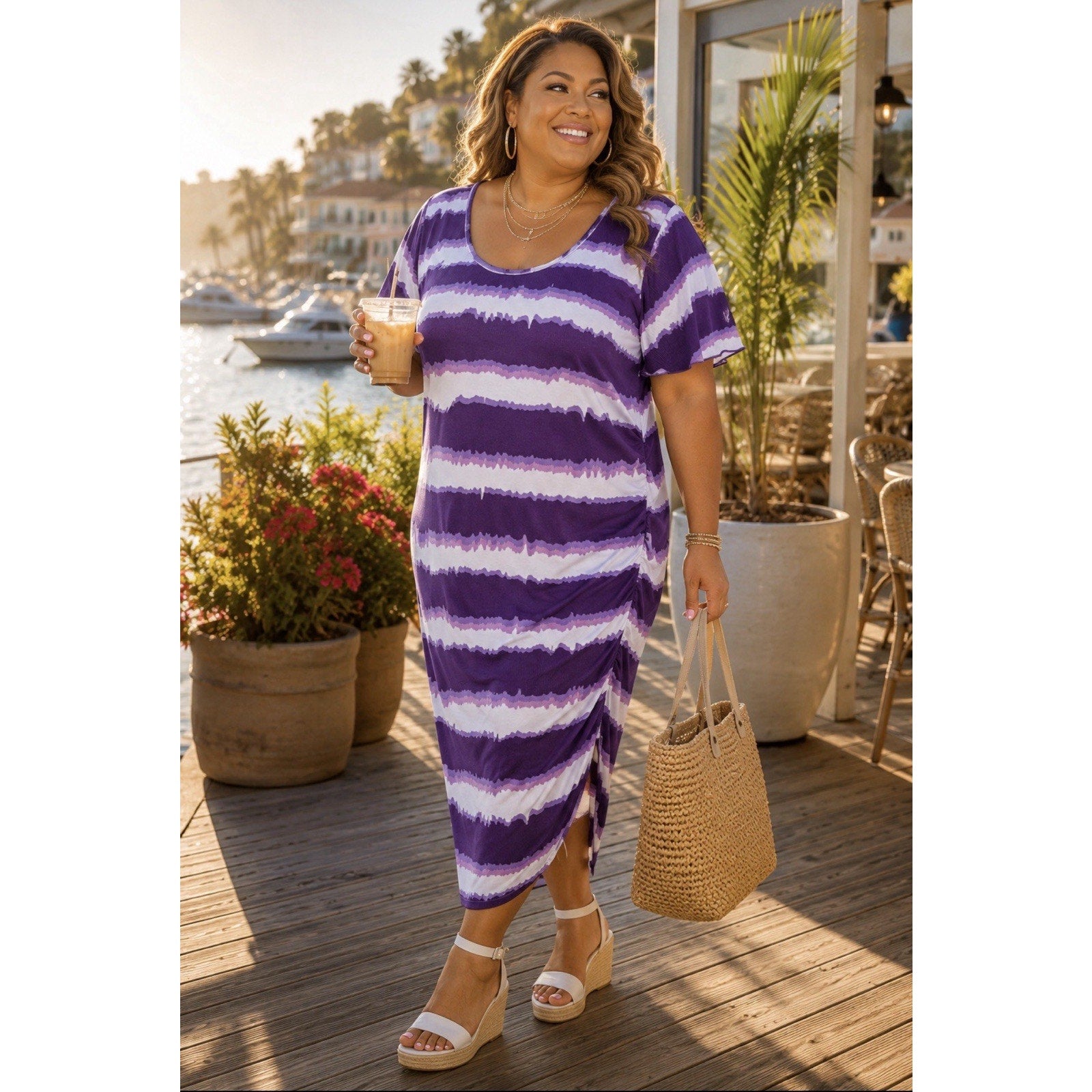 New Ashley Stewart Womens striped dress purple midi Short sleeve size 22/24 NWT