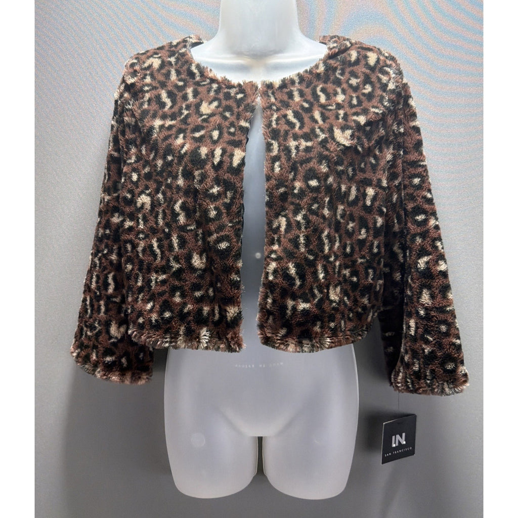 I.N. San Francisco Leopard Faux Fur Jacket Womens L Open Front Crop NWT Soft