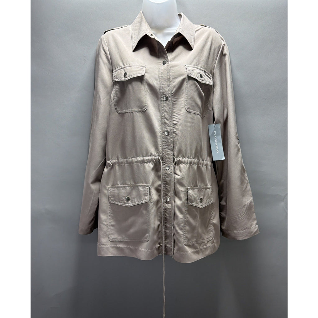 Utility Safari Jacket Size Large Cinch Tie Waist boho NY Collection Taupe NWT