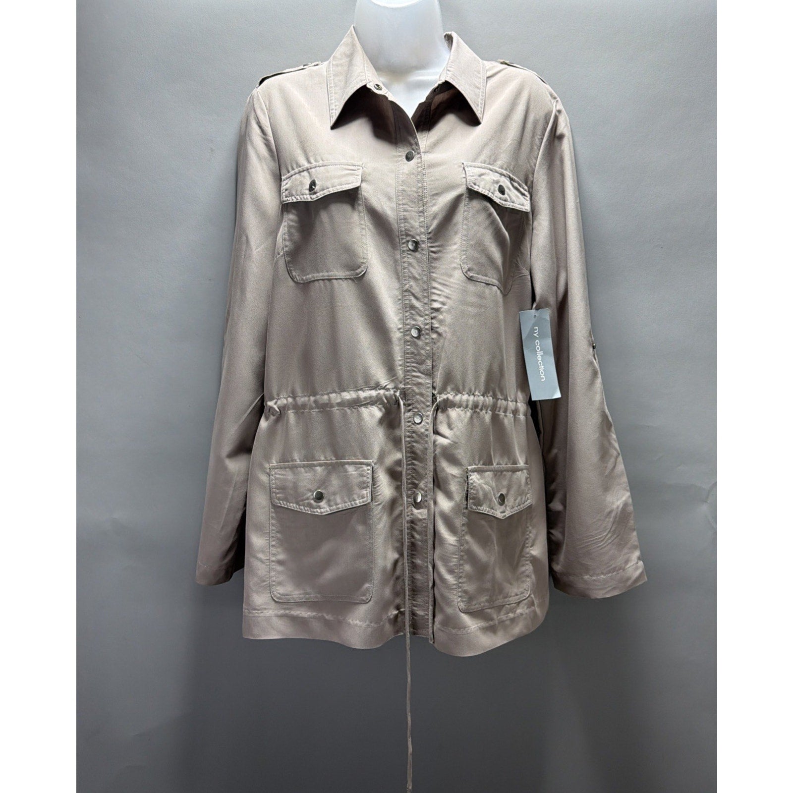 Utility Safari Jacket Size Large Cinch Tie Waist boho NY Collection Taupe NWT