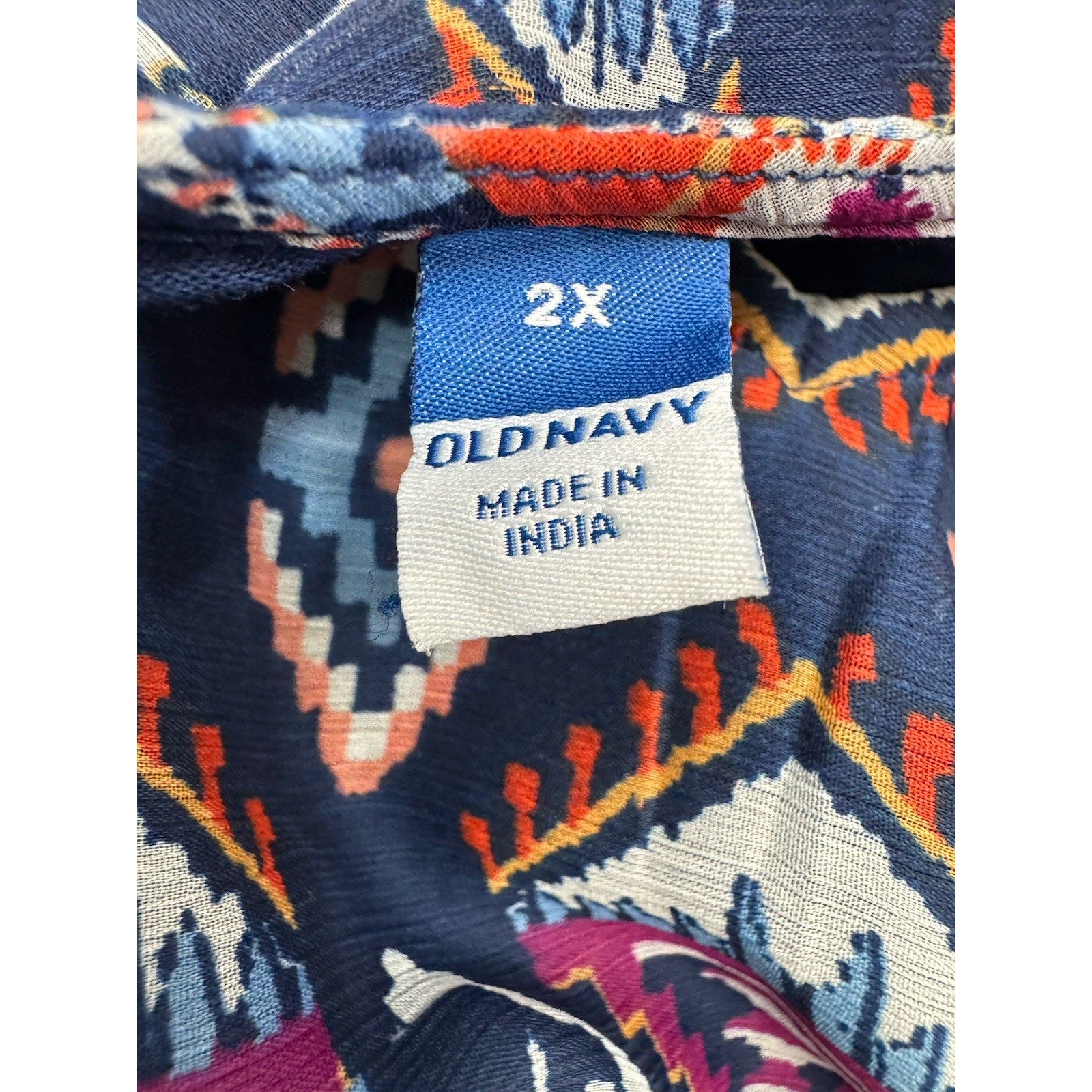 Old Navy Top Blue V-Neck Blouse Smocked Waist Cap Sleeve Geometric Women’s 2X