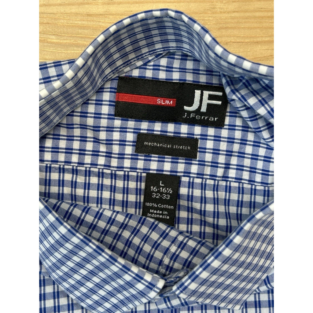 J Ferrar Blue Check Plaid Button Down Mens Shirt Size Large 32-33 Slim Fit.