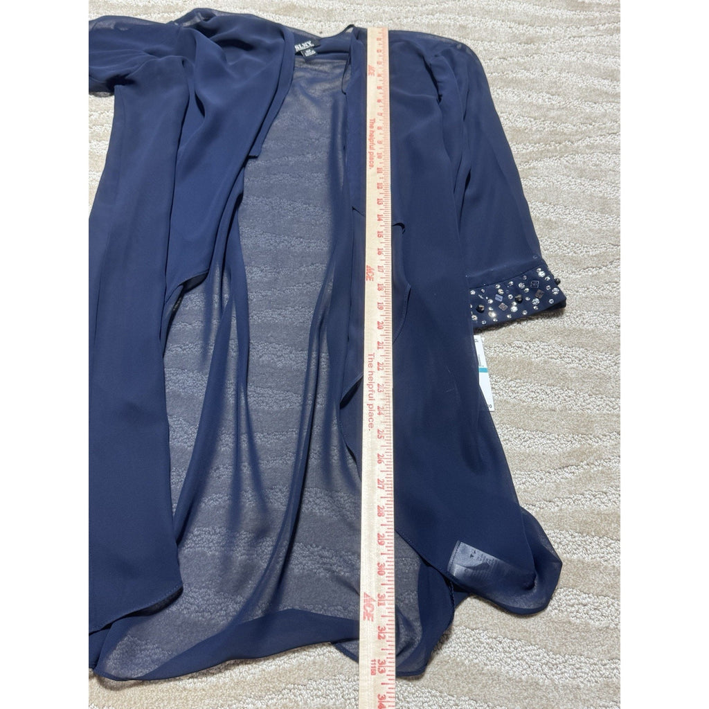NWT SLNY 16P Deep Navy Sheer Beaded Open Front Duster Jacket Cover Up Petite