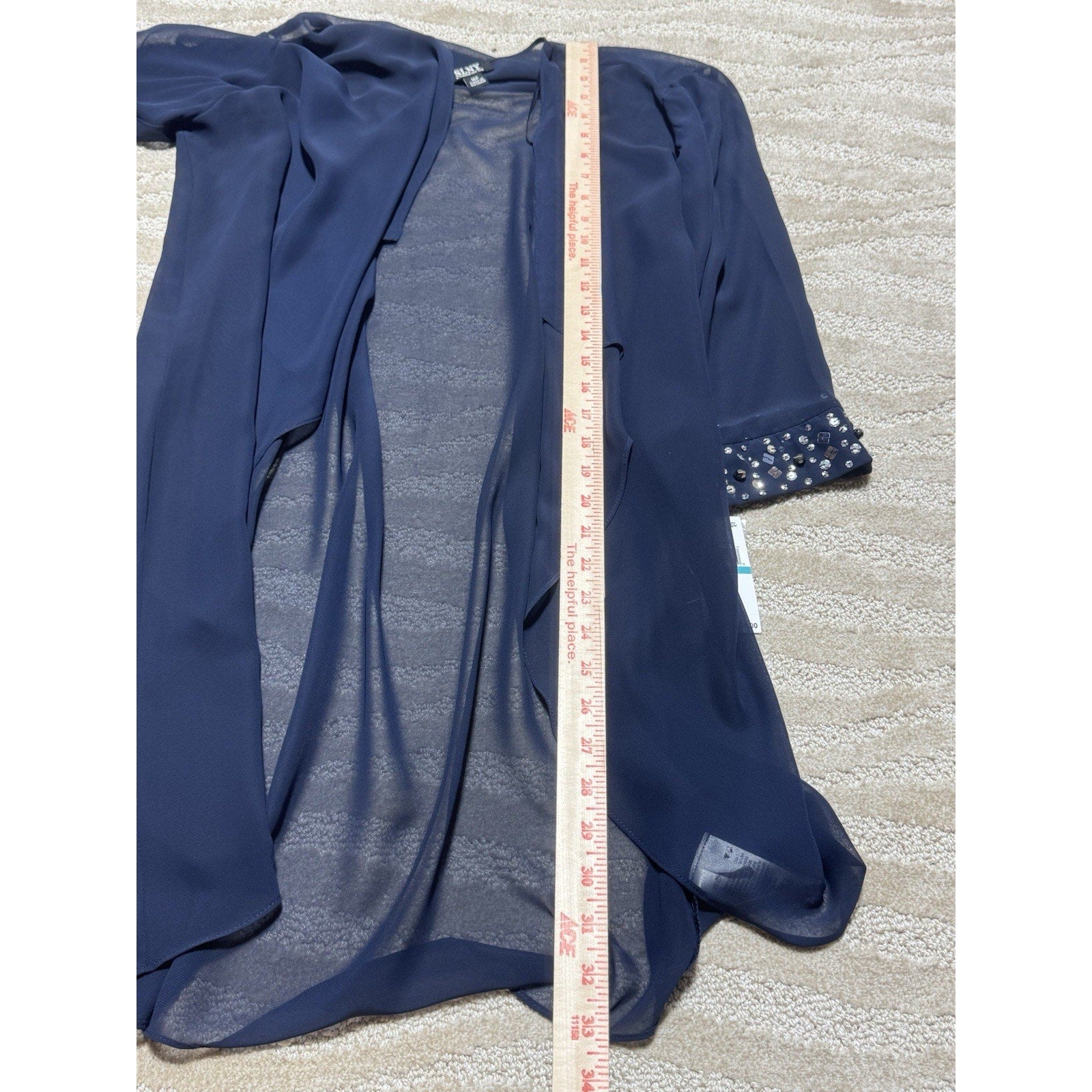 NWT SLNY 16P Deep Navy Sheer Beaded Open Front Duster Jacket Cover Up Petite