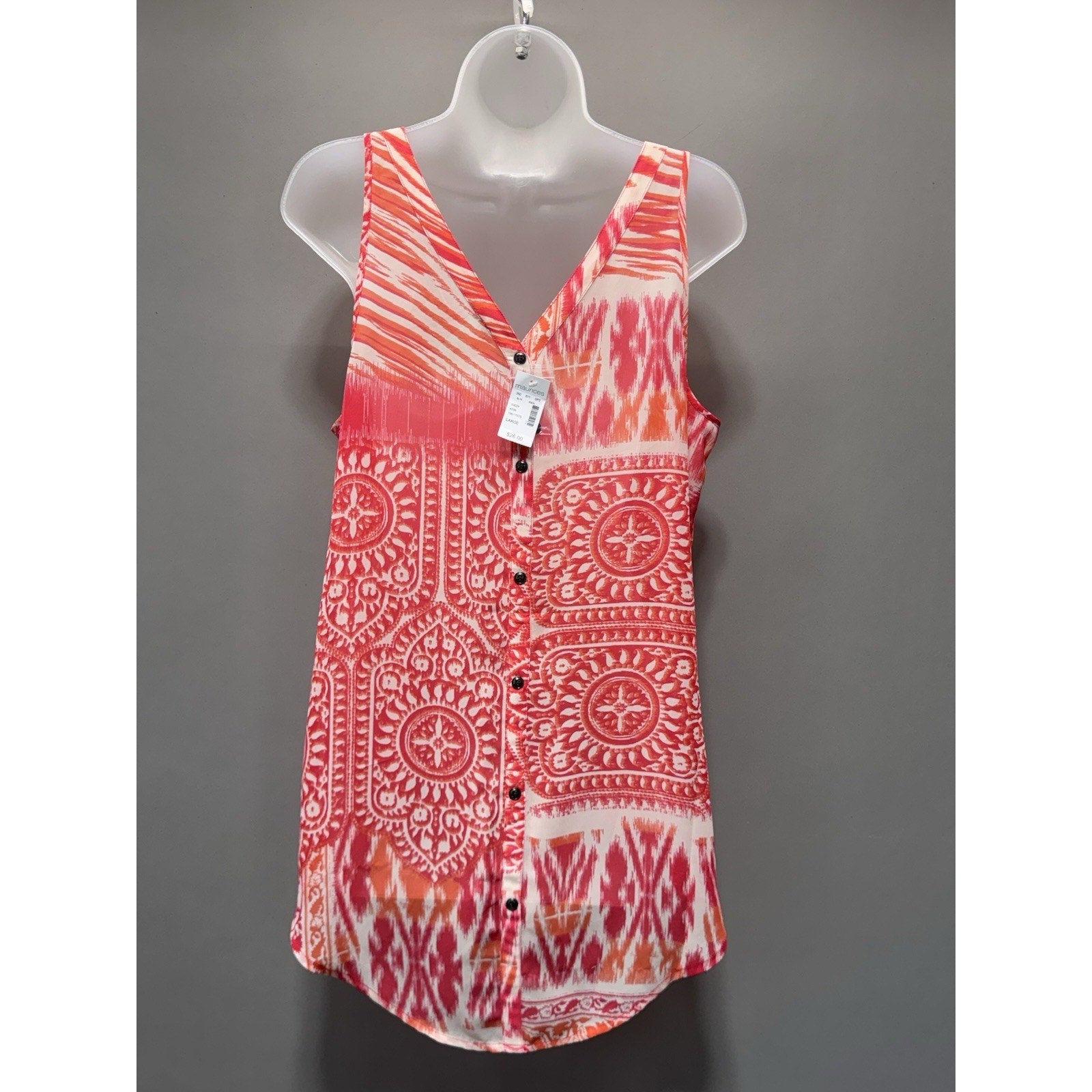 Maurices Women’s Large Sleeveless Button Front Hi Low Tank Top Pink Orange New