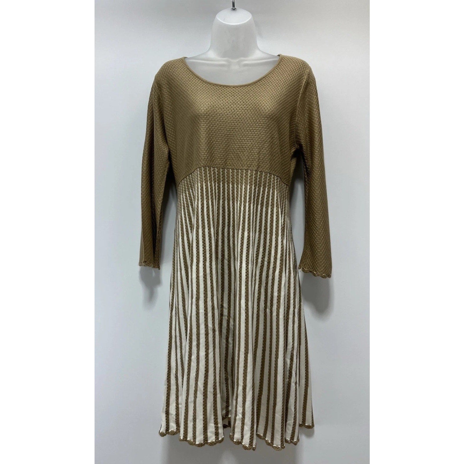 Calvin Klein Vintage Knit Beige Tan Color Block Midi 3/4 Sleeve Sweater Dress XL