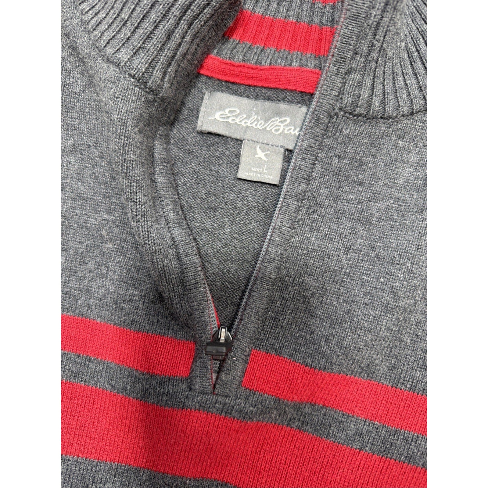 Eddie Bauer Sweater Mens Large Gray 1/4 Zip Knit Long Sleeve Pullover Preppy