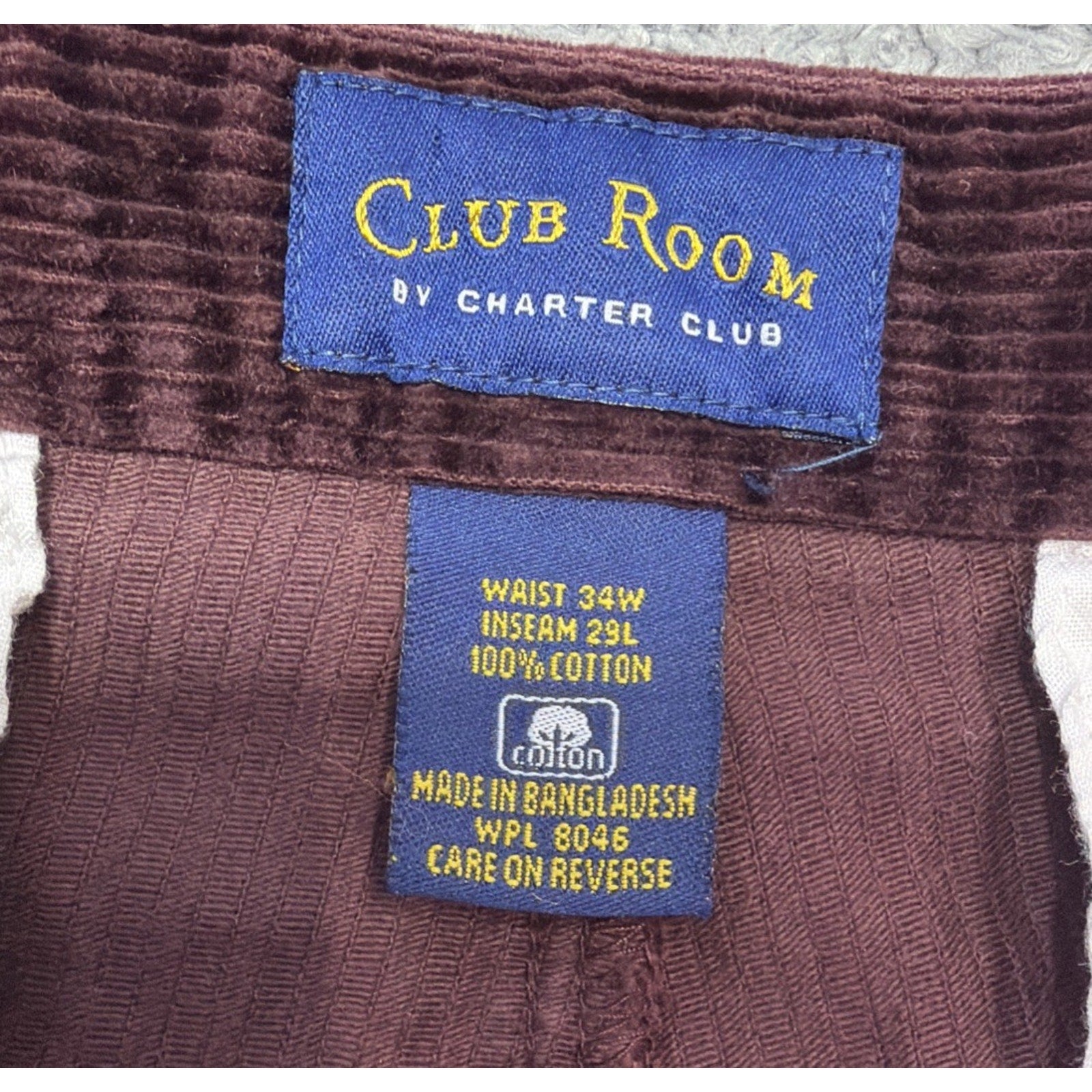 NEW Club Room Pants Mens 34 X29 Burgundy 8 Wale Soft Corduroy Chino Straight