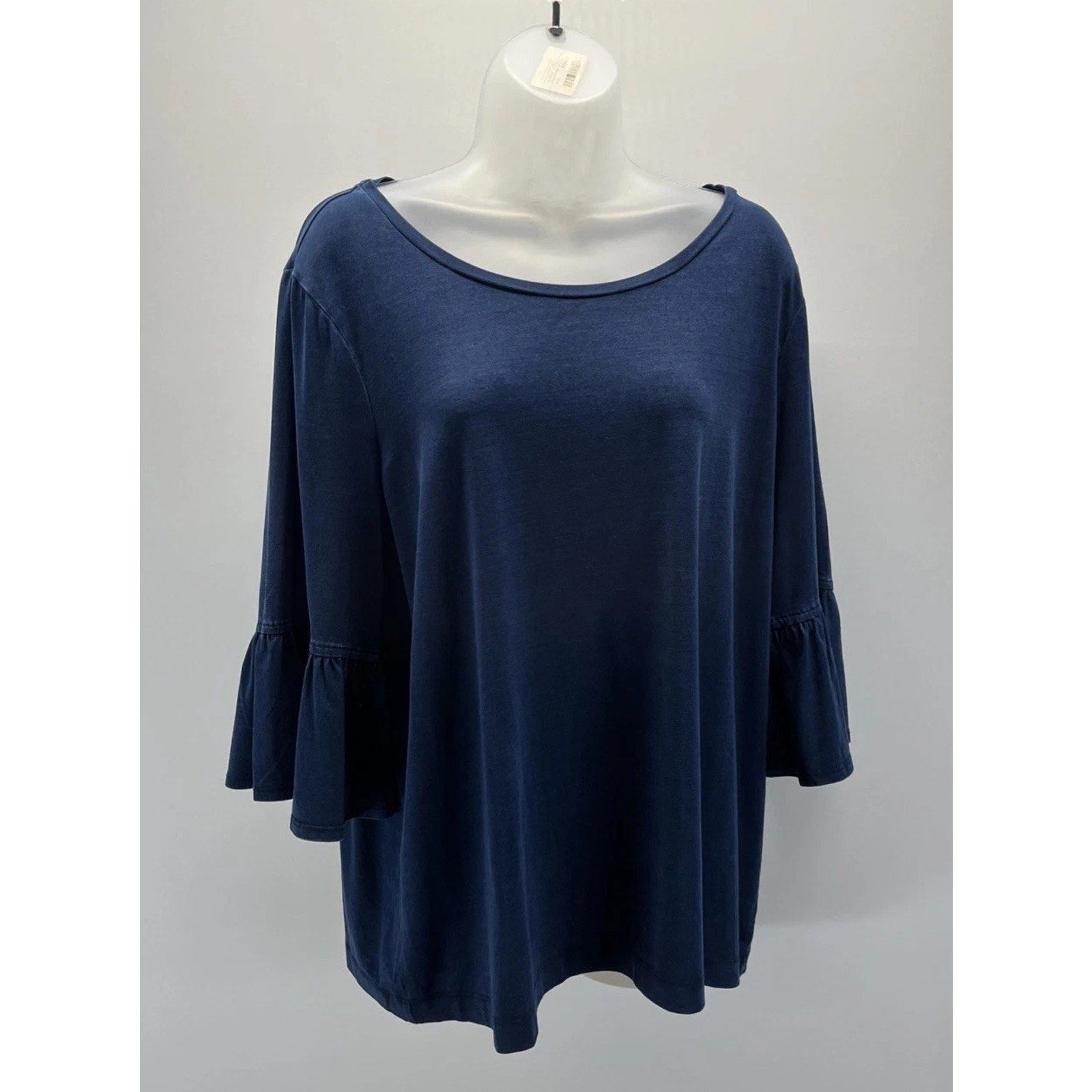Chico's Navy Semi Sheer Stretch Top 3/4 Bell Sleeve Size 3 EUC